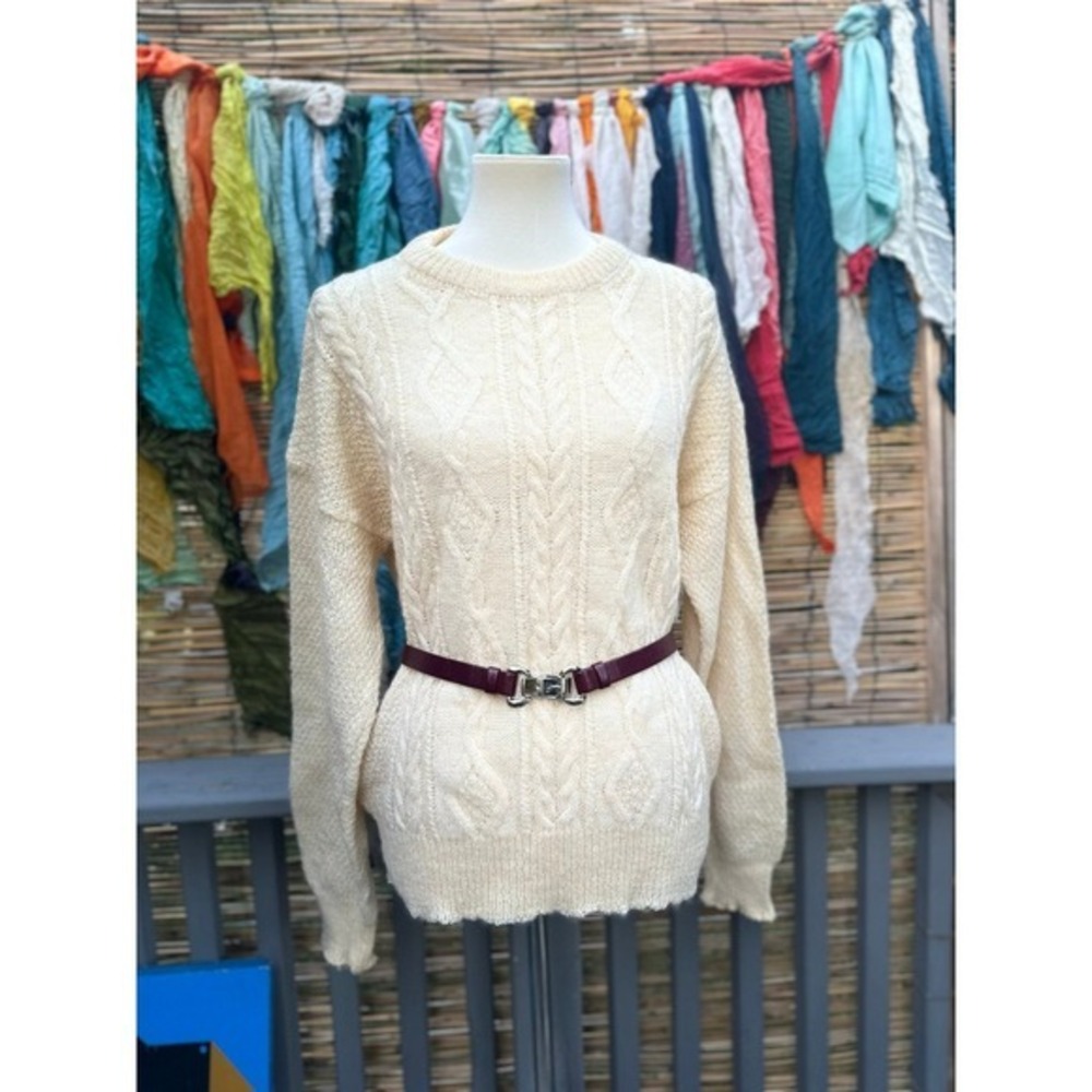 Vintage Cream Aran Cable‎ Knit Sweater L Unisex Cottagecore Old Money 80s 90s - Picture 9 of 11